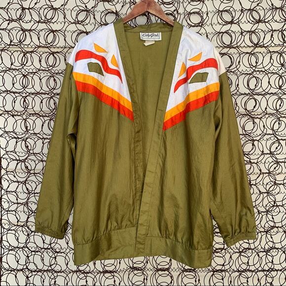 Vintage 80s olive green windbreaker open front jacket - Picture 1 of 5